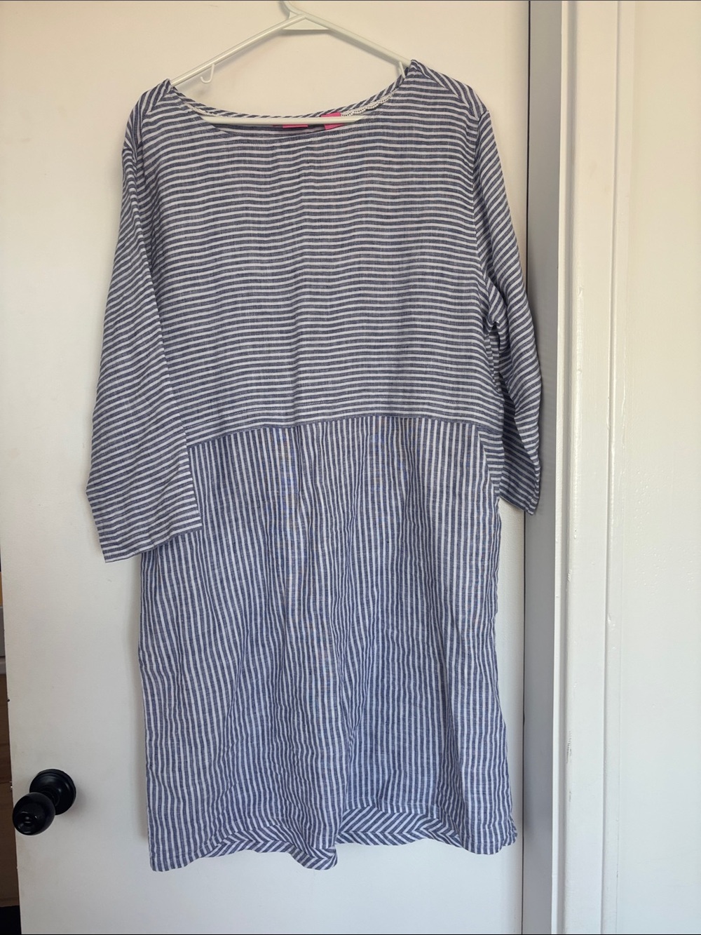 Isaac Mizrahi Blue and White Striped Long-Sleeve Linen Dress